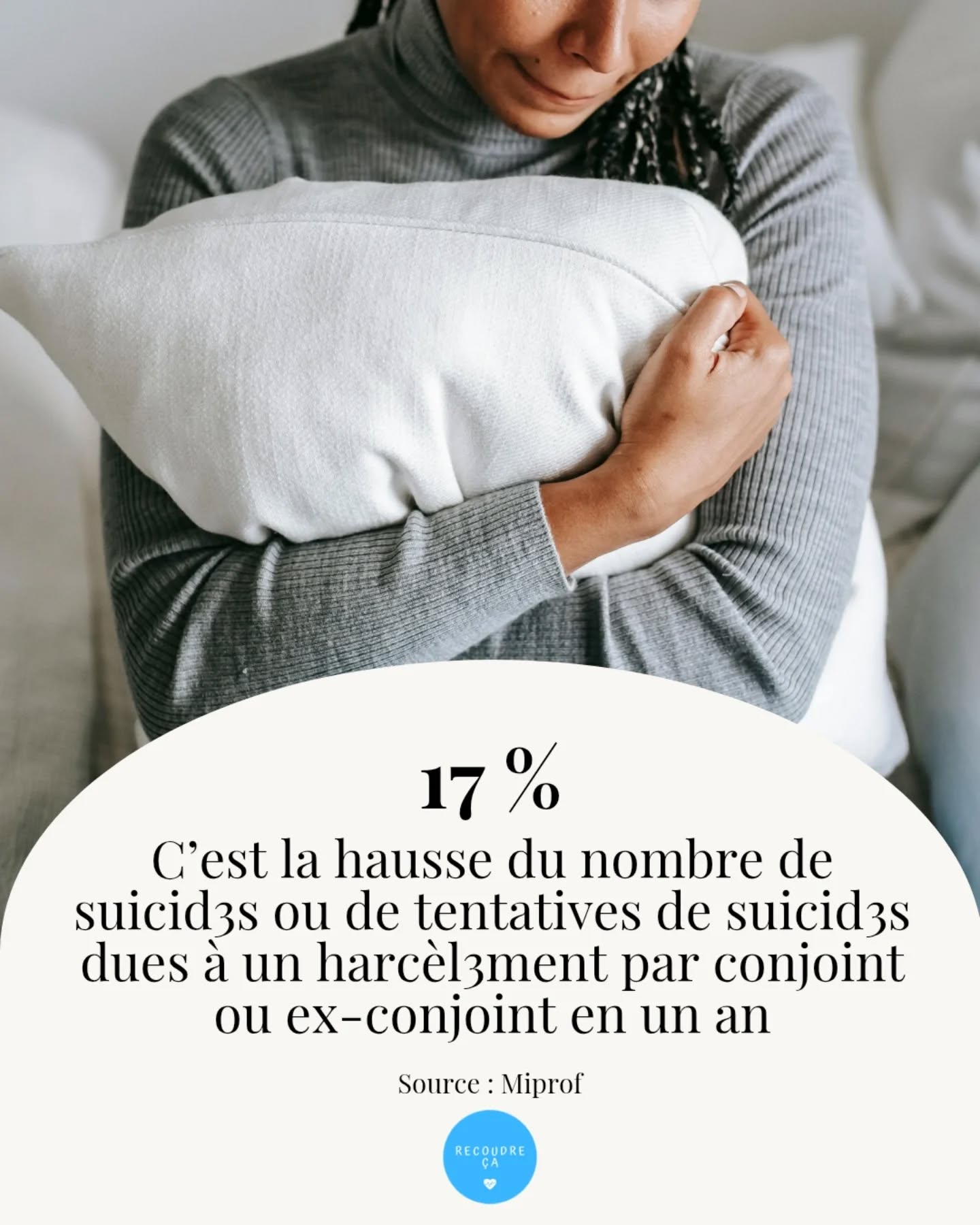 17 % : c'est la hausse du nombre de suicid3s ou de tentatives de suicid3s dues à un harcèl3ment par un conjoint ou un ex conjoint en un an 😱

#recoudreca #stopviolencesfaitesauxfemmes #stopfeminicides #santémentale #salesconnes