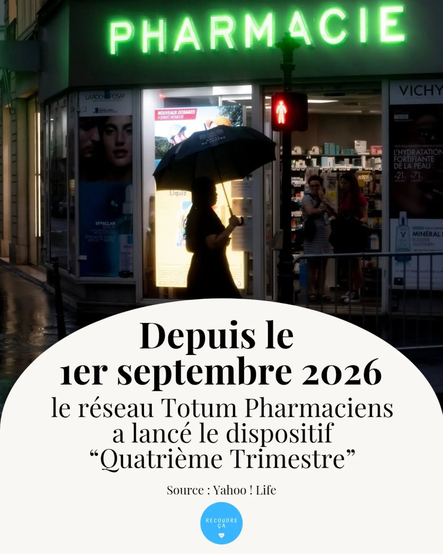 Depuis le 1er septembre, le réseau Totum Pharmaciens a lancé le dispositif "Quatrième Trimestre".
Le but : être à l'écoute des mères après leur accouchement et les accompagner dans leur post partum.
Nota Bene : Le dispositif est également ouvert aux pères 😇
#recoudreca #postpartum #accouchementrespecté #quatriemetrimestre #stopvog